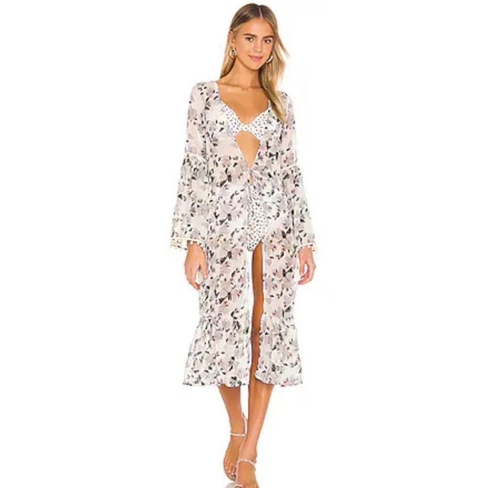 NWT Boamar Kimono Women’s XS/S Gray Orchid Print Cover-Up Ruffle Hem Pom-Poms